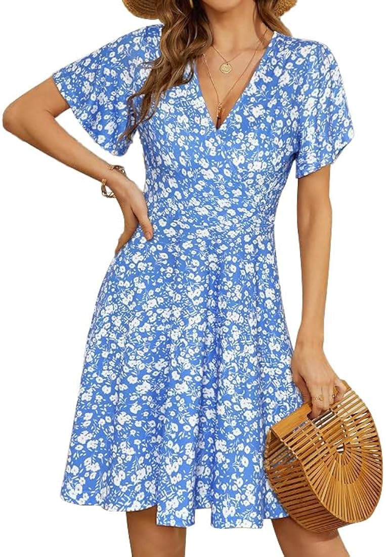 ETCYY NEW Womens Summer Dresses V Neck Floral Printed Sun Dress Elegant Short Sleeve Flowy Boho D... | Amazon (US)