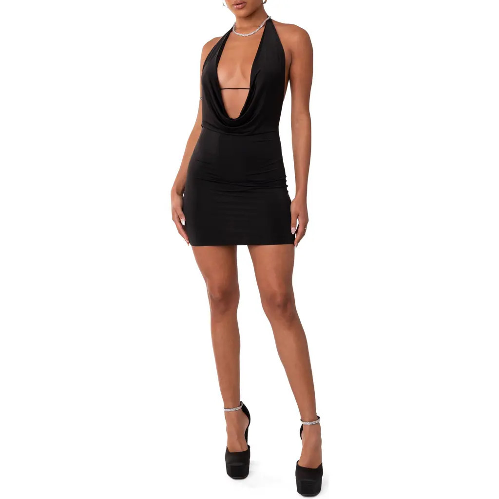EDIKTED Sadie Plunge Neck Open Back Minidress in Black at Nordstrom, Size Small | Nordstrom