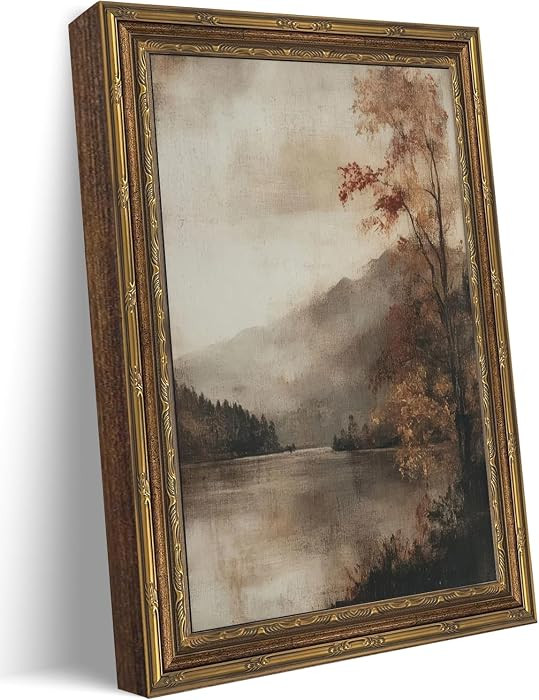 Gold Framed Vintage Fall Landscape Canvas Wall Art, Rustic Moody Lakeside Painting Picture Wall D... | Amazon (US)