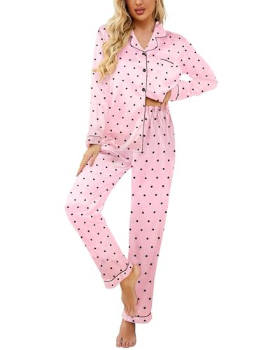 Ekouaer Womens Satin Pajama Set Classic Pattern Silky Pj Sets Button Down Sleepwear Loungewear,Small,Pink Dots | Amazon (US)