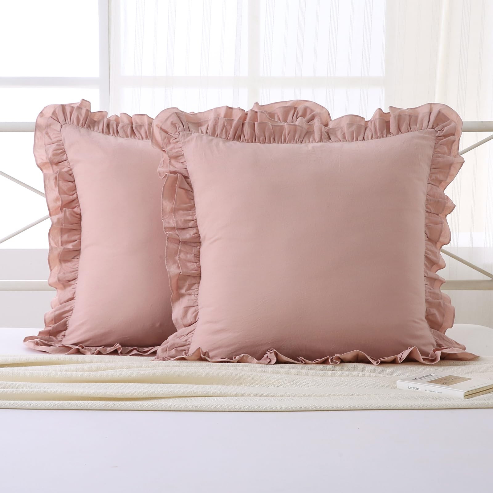 Paquete de 2 fundas de almohada europeas con volantes color rosa polvo, 26 x 26 pulgadas, 100% al... | Amazon (US)