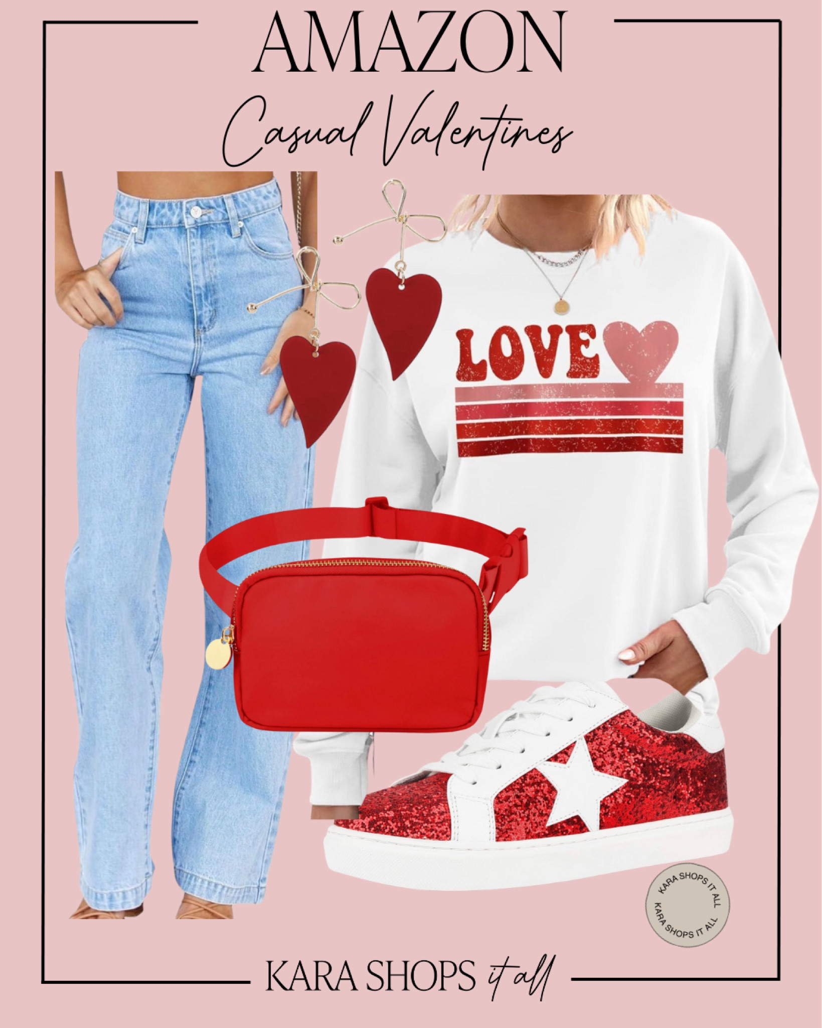Casual Valentine’s Day outfit style! Love these jeans and they have great reviews! This red belt bag and red sneakers go so well with this red Valentine’s Day crewneck!
#Amazon #Amazonfashion #Amazonholiday

#LTKHoliday 

#LTKstyletip #LTKsalealert