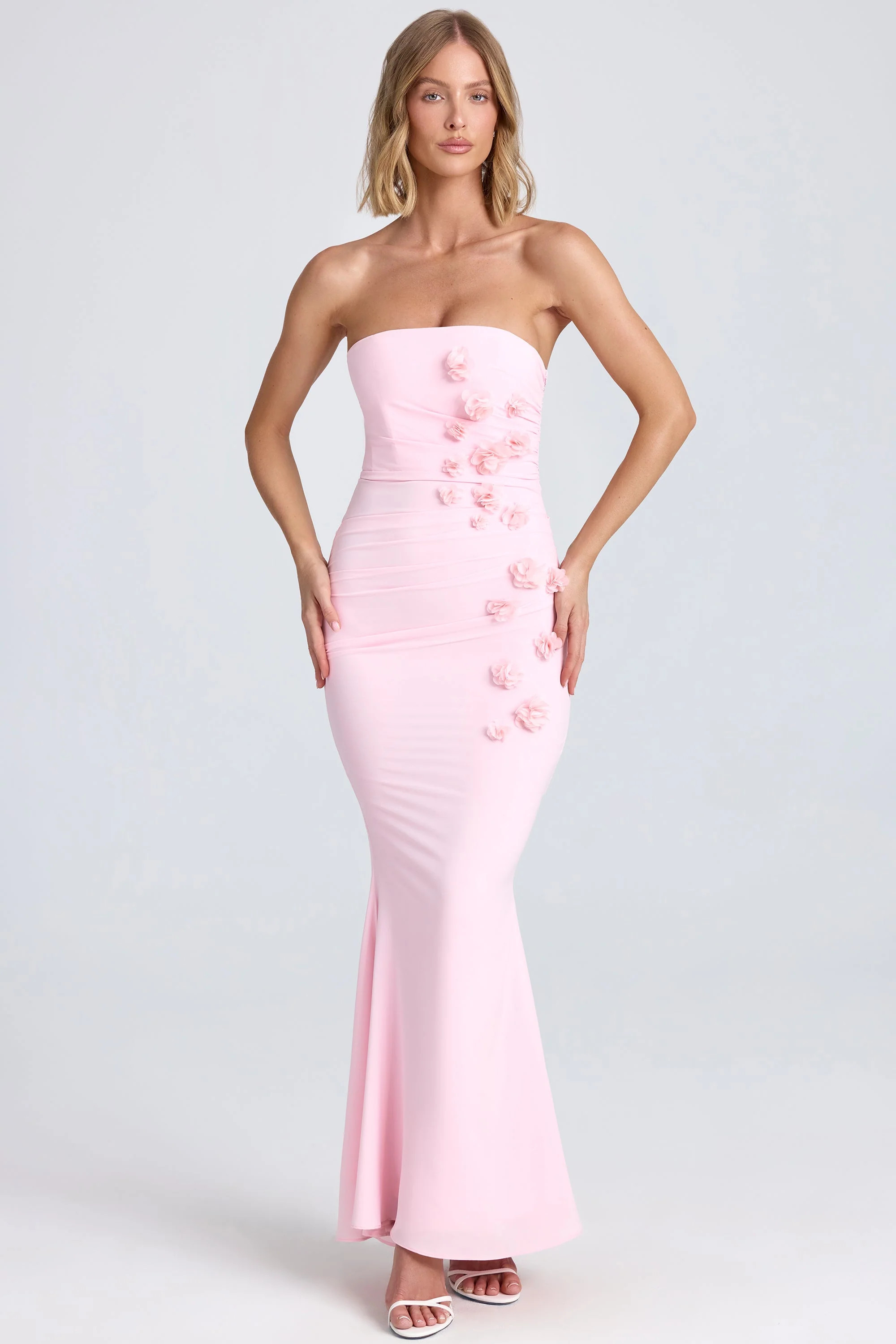 Draped Floral-Appliqué Maxi Dress in Blush | Oh Polly