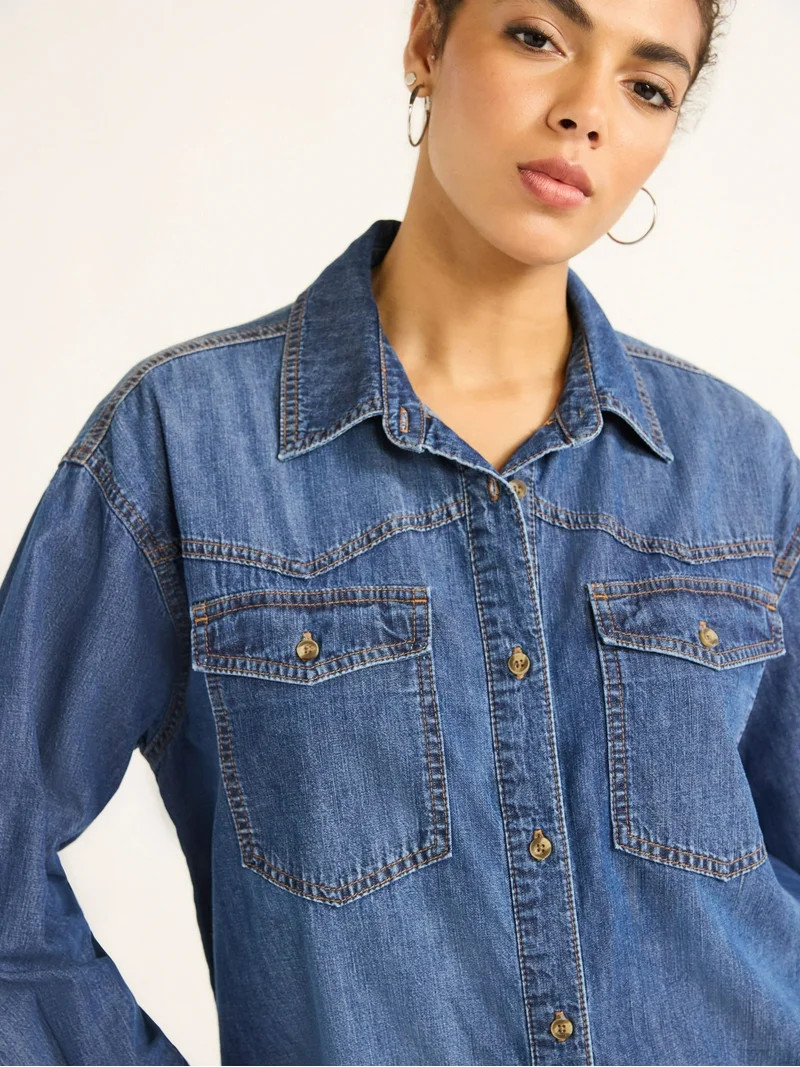 Sofia Jeans Women's and Women's Plus Sofia Oversized Boyfriend Shirt with Long Sleeves, Sizes XS-... | Walmart (US)