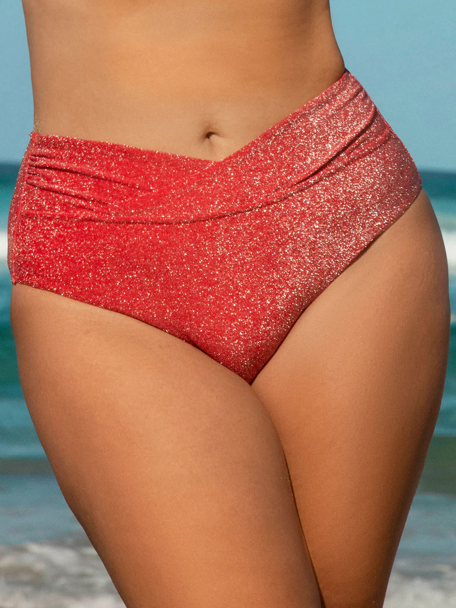 Red Lurex V Cut Plus Size Bikini Bottom & Reviews - Red - Sustainable Plus Size Bikinis | BERLOOK | BERLOOK