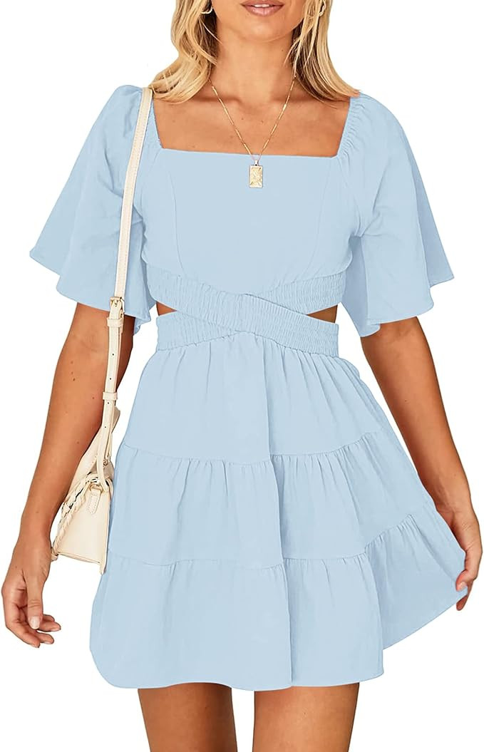 Women's Summer Dresses Square Neck Casual Short Sleeves Crossover Elastic Waist Party Mini Dress | Amazon (US)