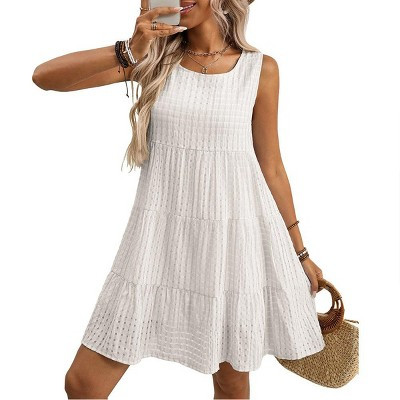 Women's Summer Sleeveless Ruffle Mini Dress Plaid Hollow Out Tiered Babydoll Dress Flowy Beach Cover Up Sundress White S | Target