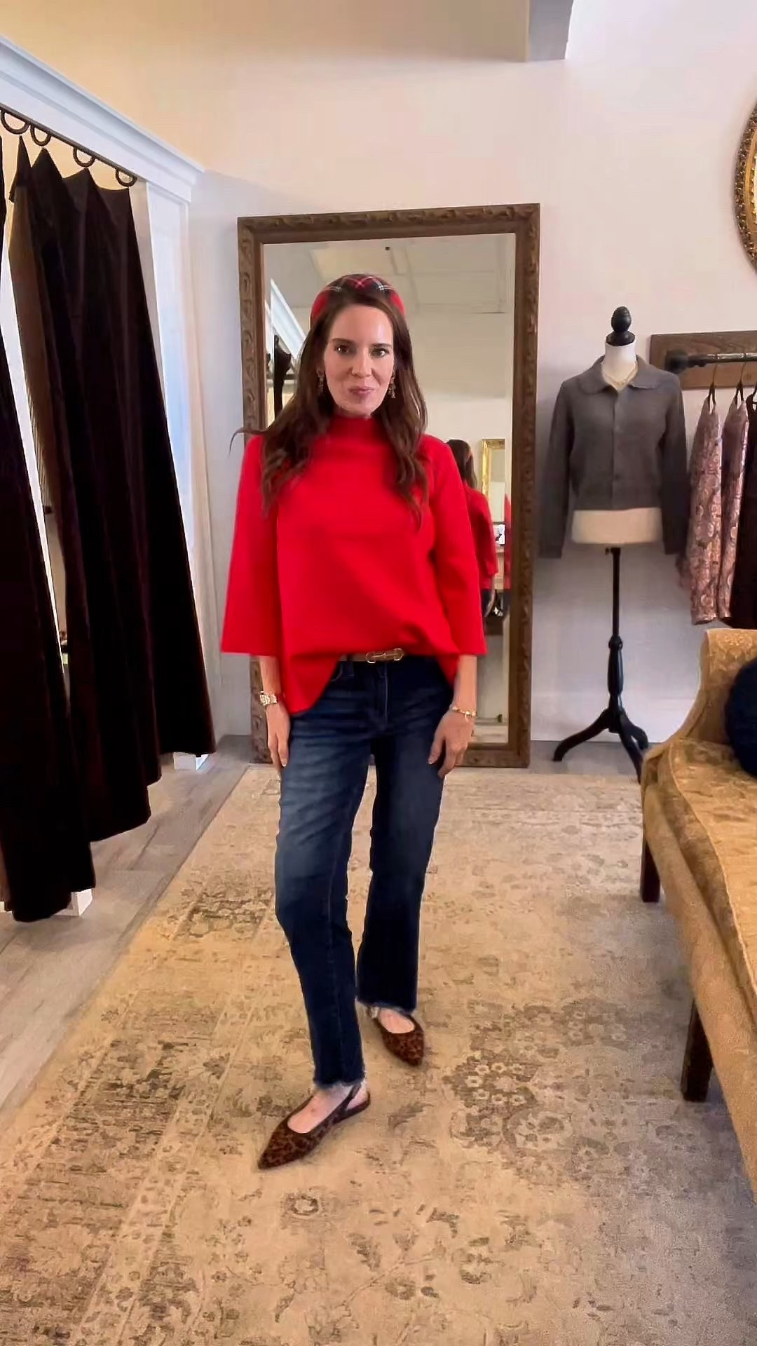 Classic Red Knit Holiday Outfit ❤️✨

A bright red knit is always a holiday win, and this one is such a chic, easy staple. The mock neck and relaxed silhouette make it feel polished without being dressy, and it pairs perfectly with everyday denim for a timeless seasonal look. I love it styled with cropped flare jeans and leopard slingback flats for a fun mix of classic and playful 🐆🎄

Finished with a skinny belt, festive plaid padded headband, gold earrings, and a two-tone watch for an elevated but effortless outfit. This is one of those looks that works for holiday errands, casual parties, or even Christmas dinner when you want to look put together but still comfortable ✨🎀

Red knit sweater, holiday outfit idea, festive red top, cropped flare jeans outfit, leopard flats look, casual holiday style, winter everyday outfit, women’s boutique sweater, classic Christmas outfit

#LTKHoliday #LTKFindsUnder100 #LTKFindsUnder50

#LTKFindsUnder100 #LTKHoliday #LTKFindsUnder50