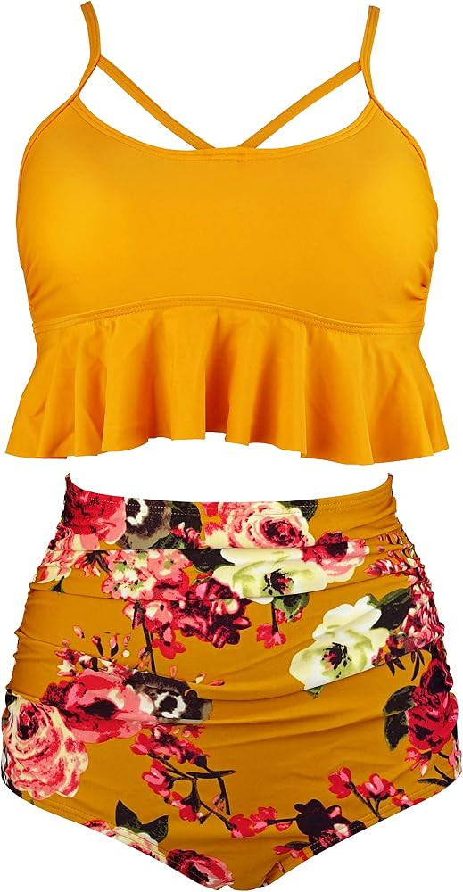 COCOSHIP Women's Retro Boho Flounce Falbala High Waist Bikini Set Chic Swimsuit(FBA) | Amazon (US)