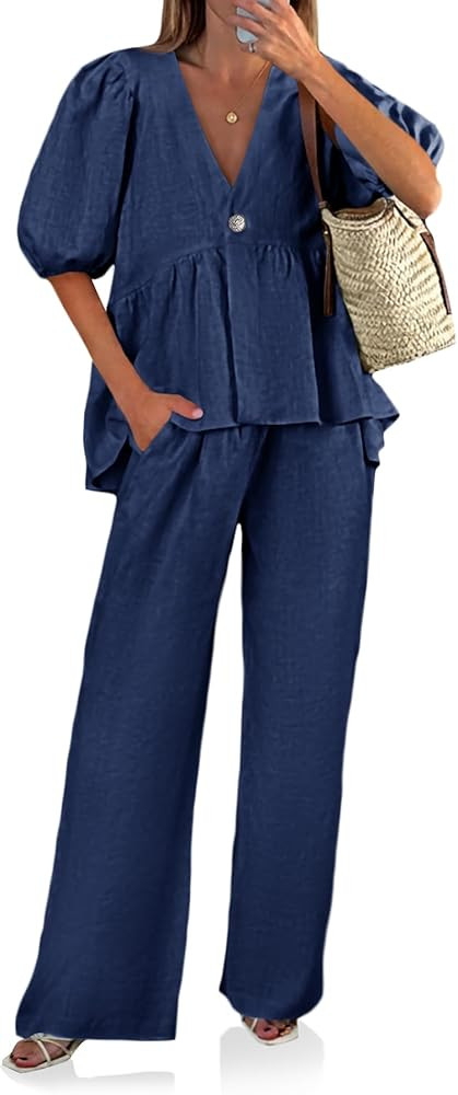 Tankaneo Womens 2 Piece Linen Sets Summer Vacation Outfits V Neck Puff Sleeve Babydoll Tops Wide ... | Amazon (US)