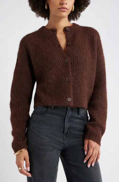 Open Edit Fuzzy Crewneck Cardigan in Brown Seal at Nordstrom, Size Small | Nordstrom