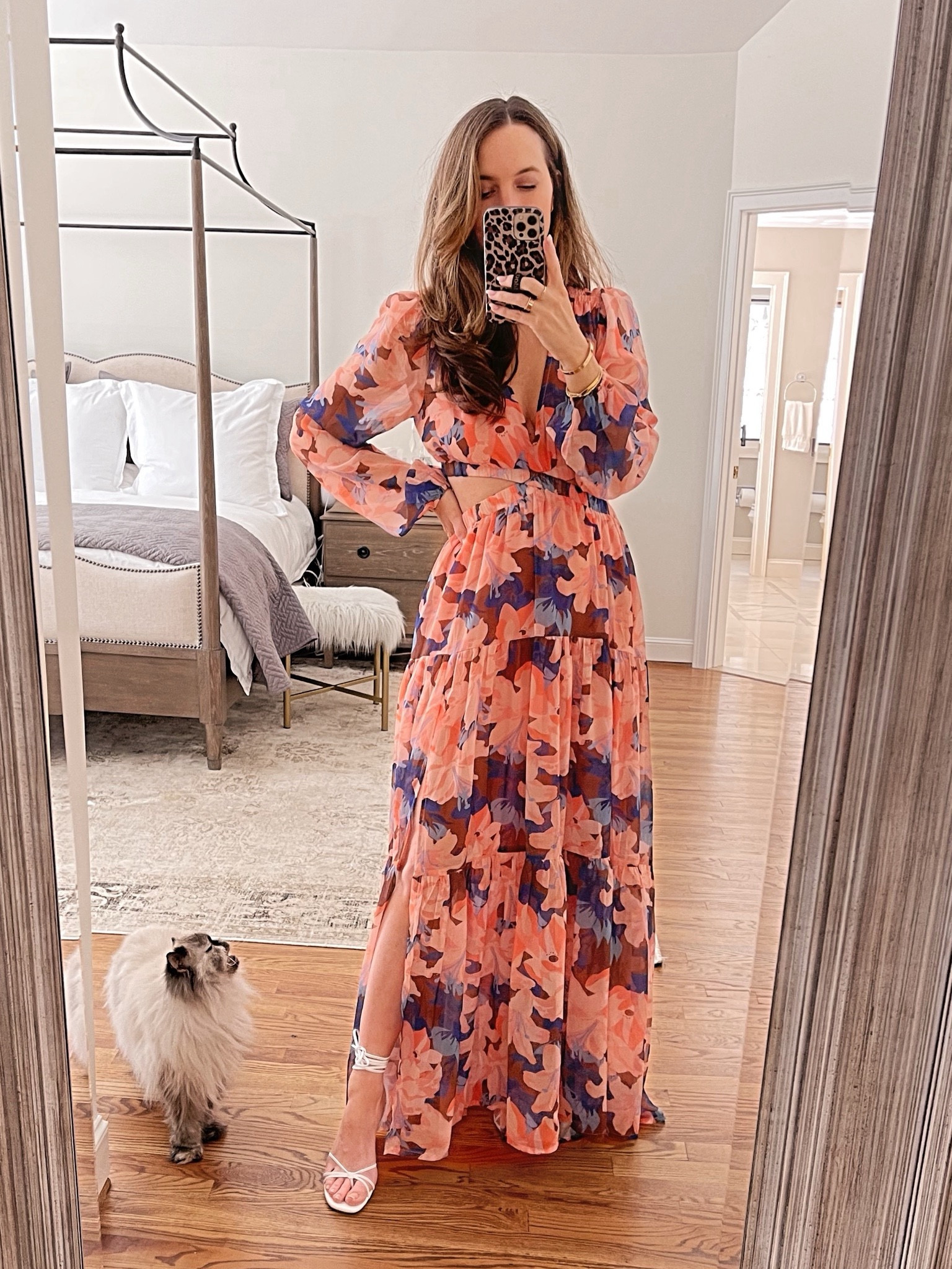 knee length dresses for ladies Floral Smocked Bodice Long Sleeve Maxi Dress Olive