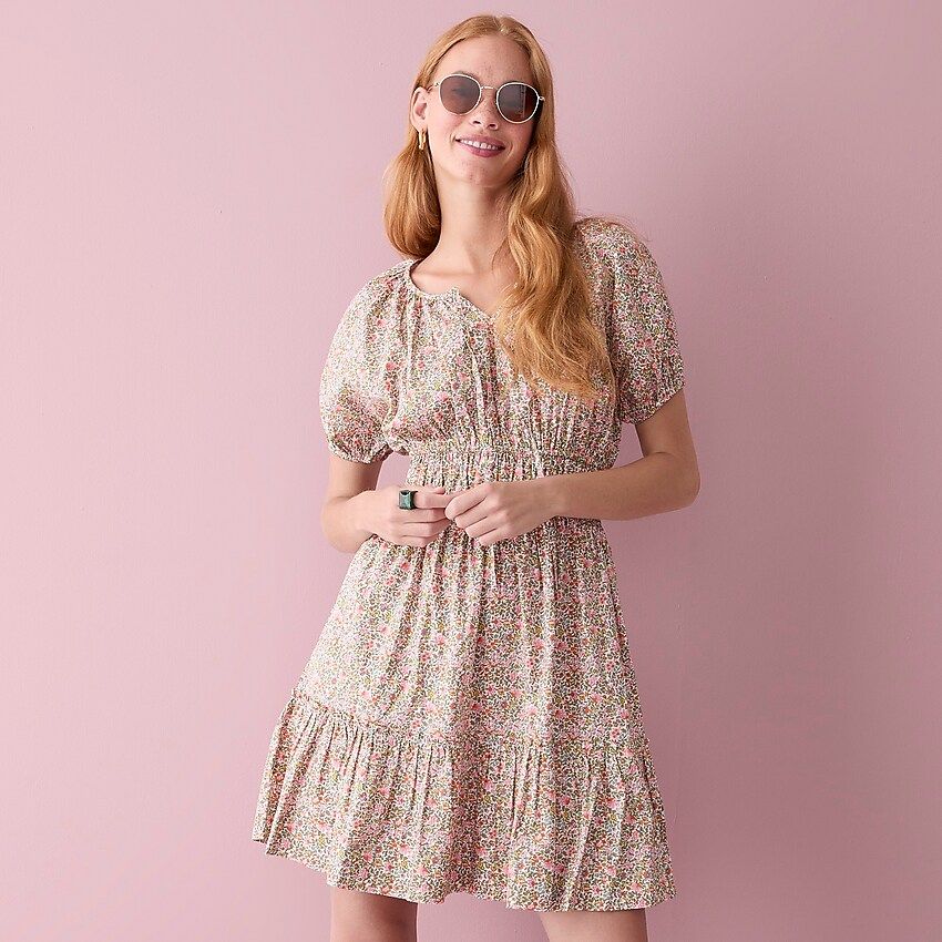 Tall cinched-waist puff-sleeve dress in scattered blooms | J.Crew US