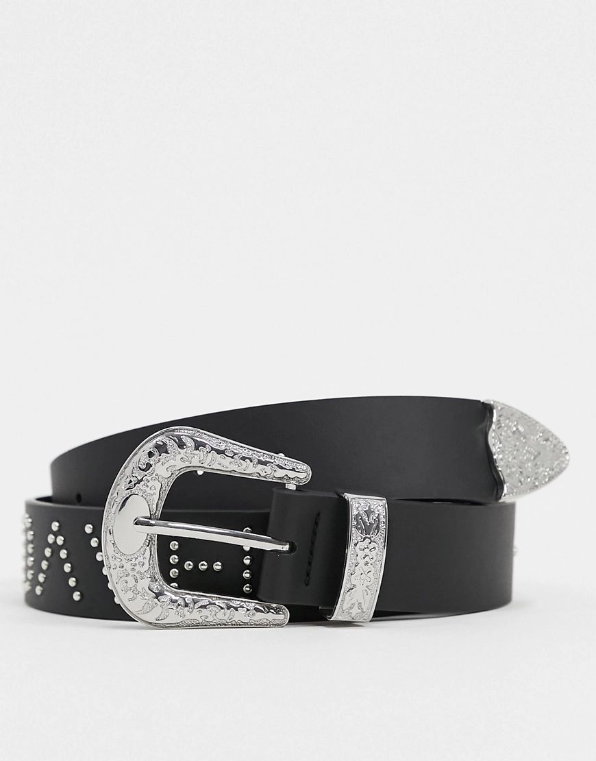 ASOS DESIGN slim western belt in black faux leather with silver studding | ASOS (Global)