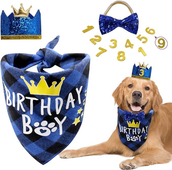 Dog Birthday Party Supplies, Boy Dog Birthday Bandana Set with Cute Dog Bow Tie, Crown Hat with N... | Amazon (US)