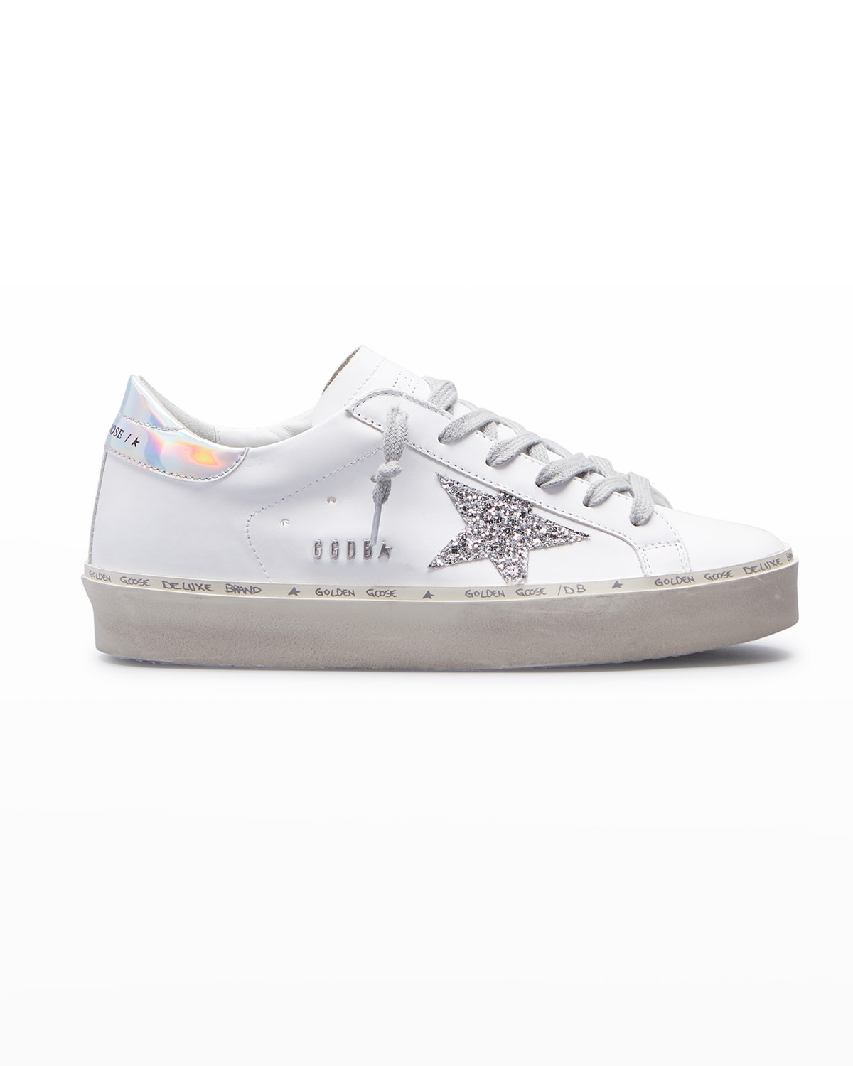 Hi Star Leather Sneakers with Glitter Star Mirror Heel Metal Lettering | Neiman Marcus