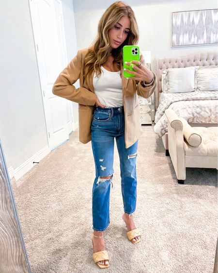 White scoop neck bodysuit Xs blazer xxs jeans 24s fall outfit woven heels 

#LTKunder100 #LTKsalealert #LTKunder50