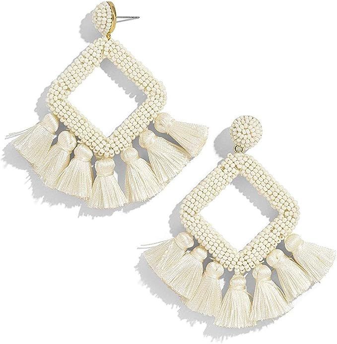 Women's Beaded Tassel Earrings Statement Fringe Drop Bohemian Chandelier Earrings Geometric Dangl... | Amazon (US)