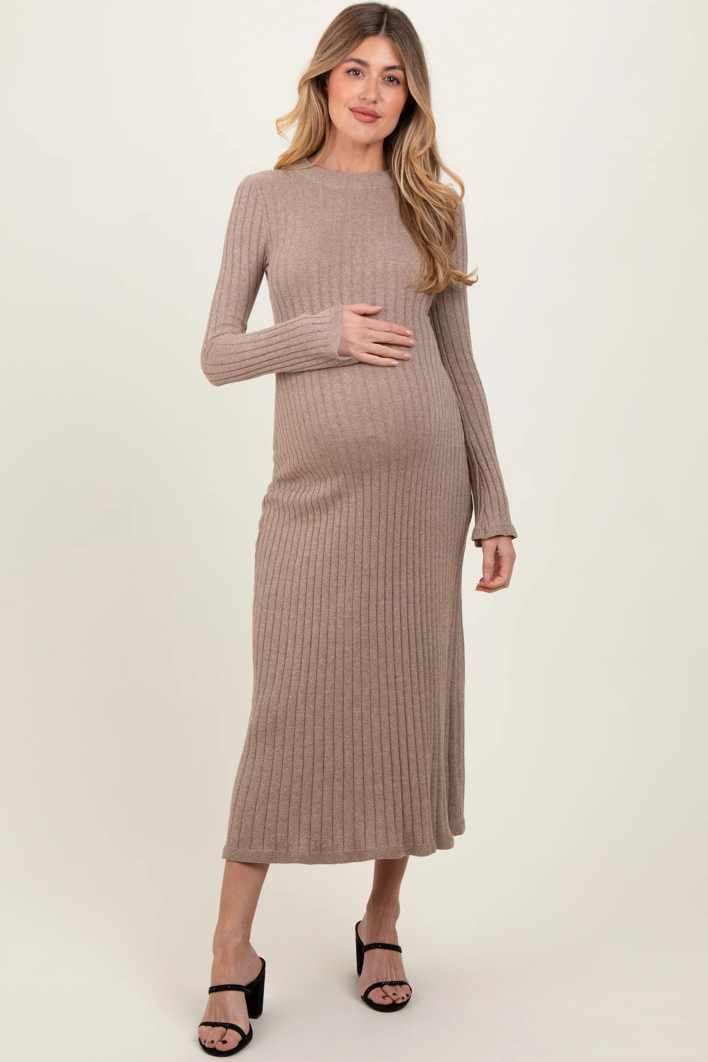 Light Mocha Ribbed Knit Maternity Midi Sweater Dress | PinkBlush Maternity