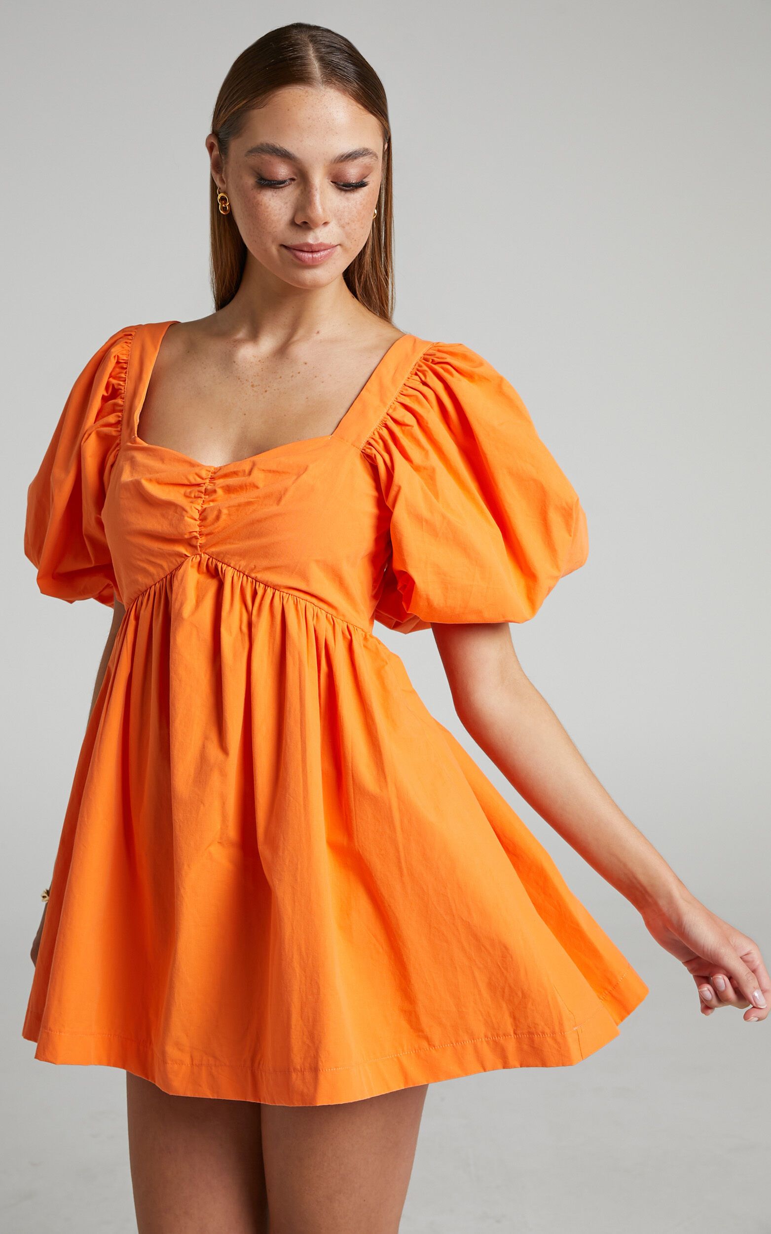 Vashti Mini Dress - Puff Sleeve Sweetheart Dress in Orange | Showpo (US, UK & Europe)