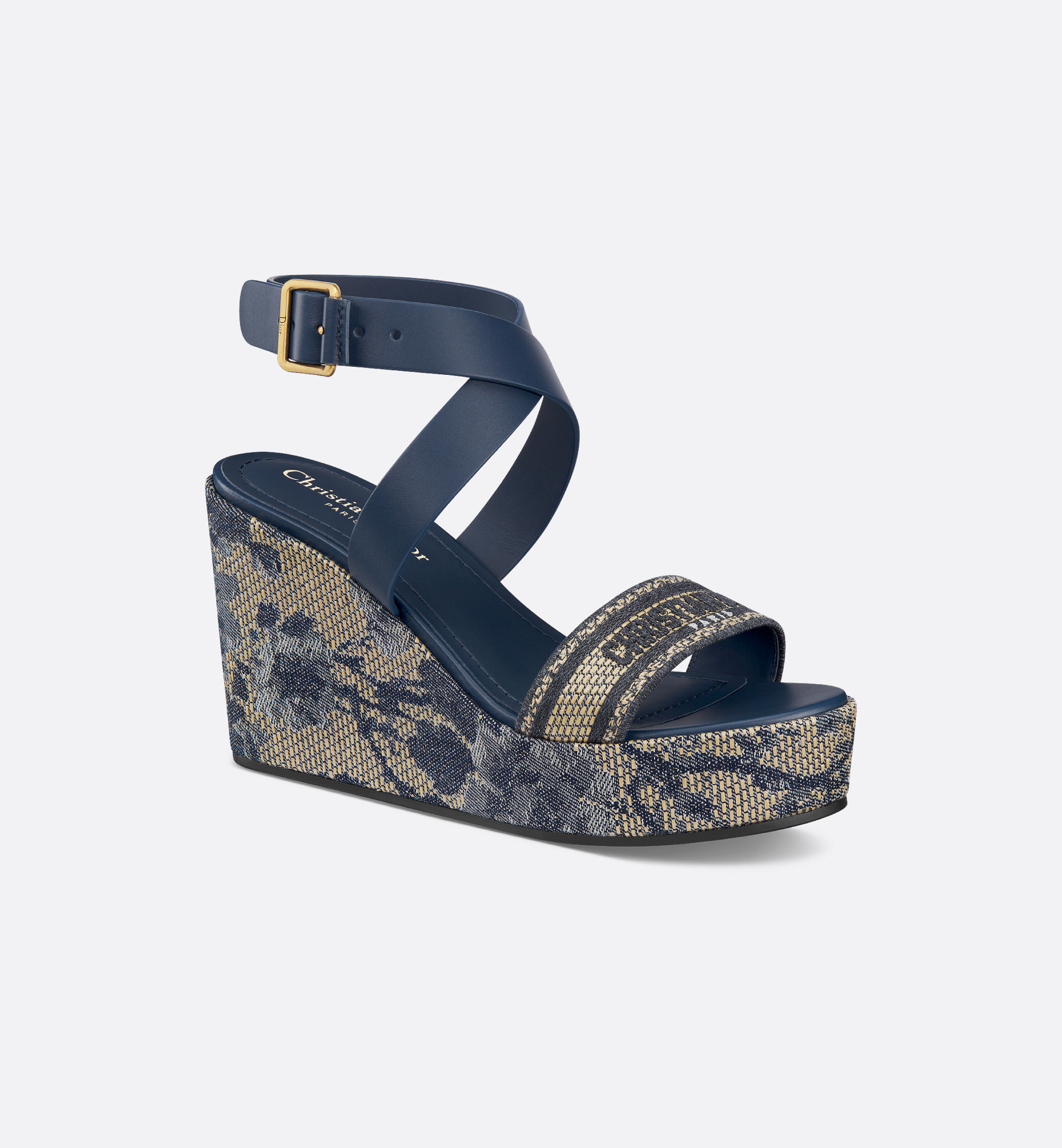 Dway Wedge Sandal Calfskin with Denim Blue Dior Pivoine Jacquard Embroidery and Ecru Raffia | DIO... | Christian Dior Parfums UK
