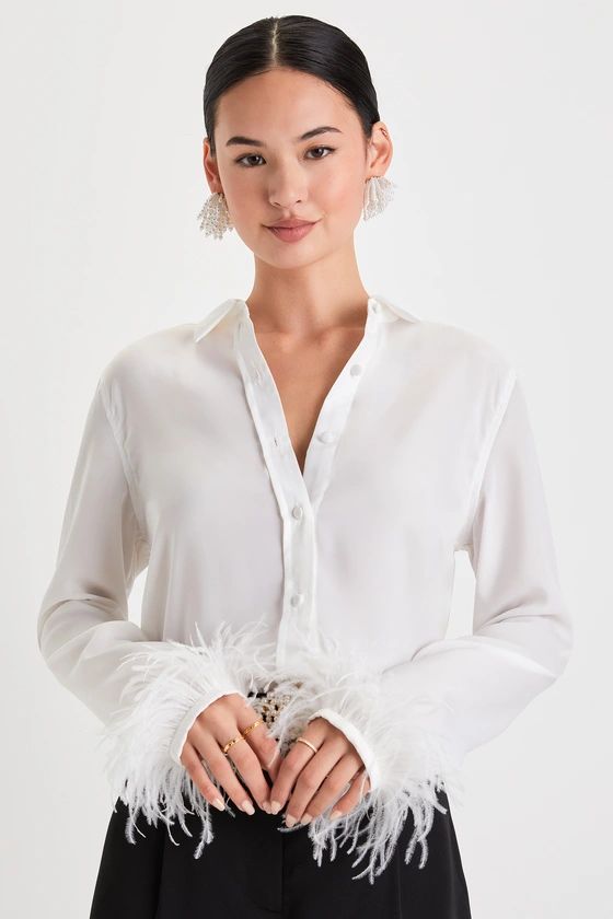 Casually Posh Ivory Feather Long Sleeve Button-Up Top | Lulus (US)