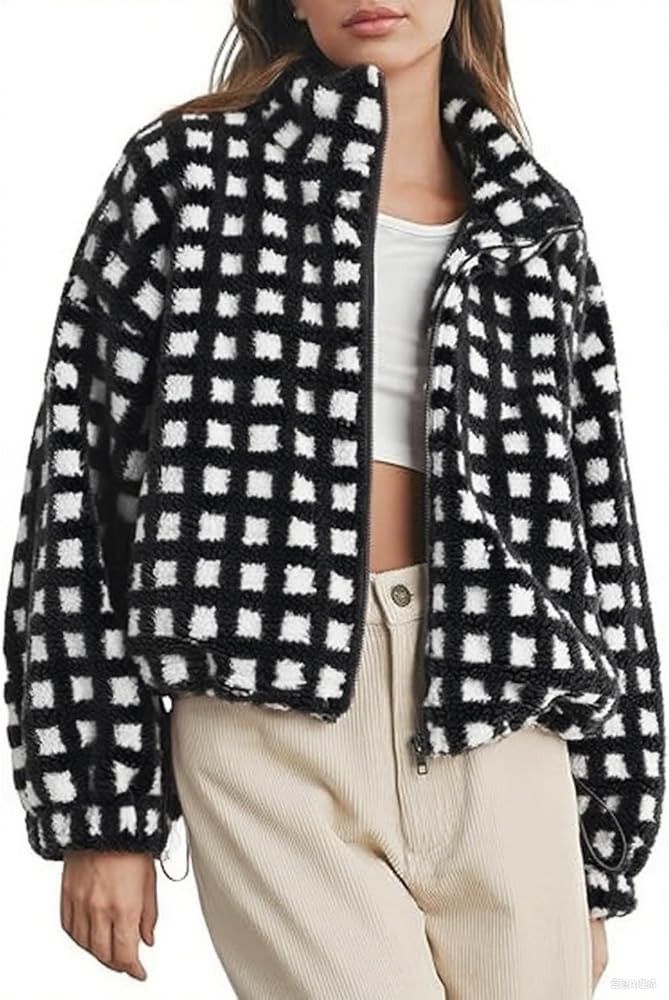 Womens Checkered Sherpa Fleece Jacket Lightweight Zip Up Long Sleeve Plaid Fur Outerwear with Poc... | Amazon (US)