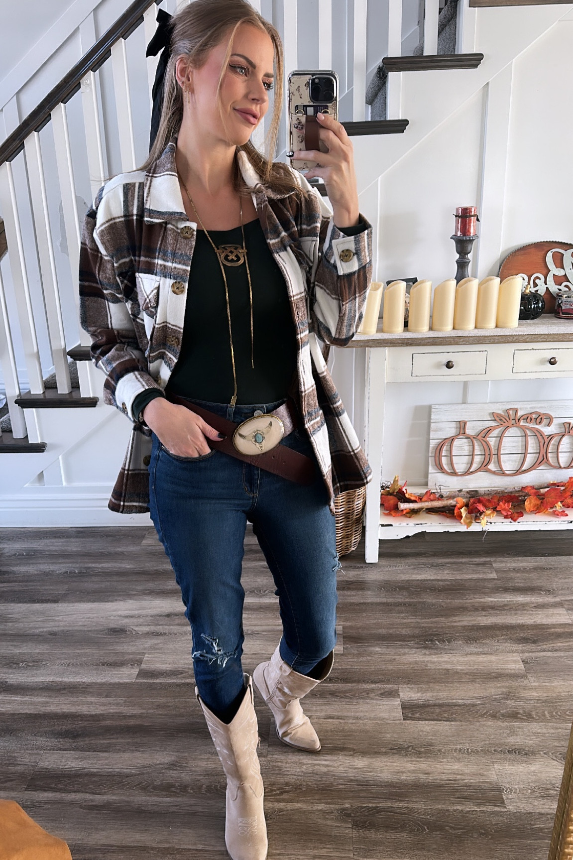 OOTD! 
Fall western makes my heart happy! 

Boots- WALMART WIN! Love these! I got them in two colors now! True to size and so comfortable 

Pants- true to size! Love the slim leg fit and stretch these have. Order true to size 

Belt- I got it from my friends shop

Shirt- BUY ALL THE COLORS NOW! This is a GOOOOD one! O personally don’t button them but the square neck and fabric is the best! 

Shacket- Walmart! This exact one is currently sold out but I links some other awesome options too. 

Necklace- Twisted Silver! Use code TWISTEDAG for a discount 