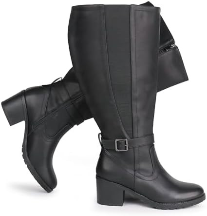 Womens Extra Wide Calf Stretch Panel Side Zipper Knee High Boots with Block Heel | Amazon (US)