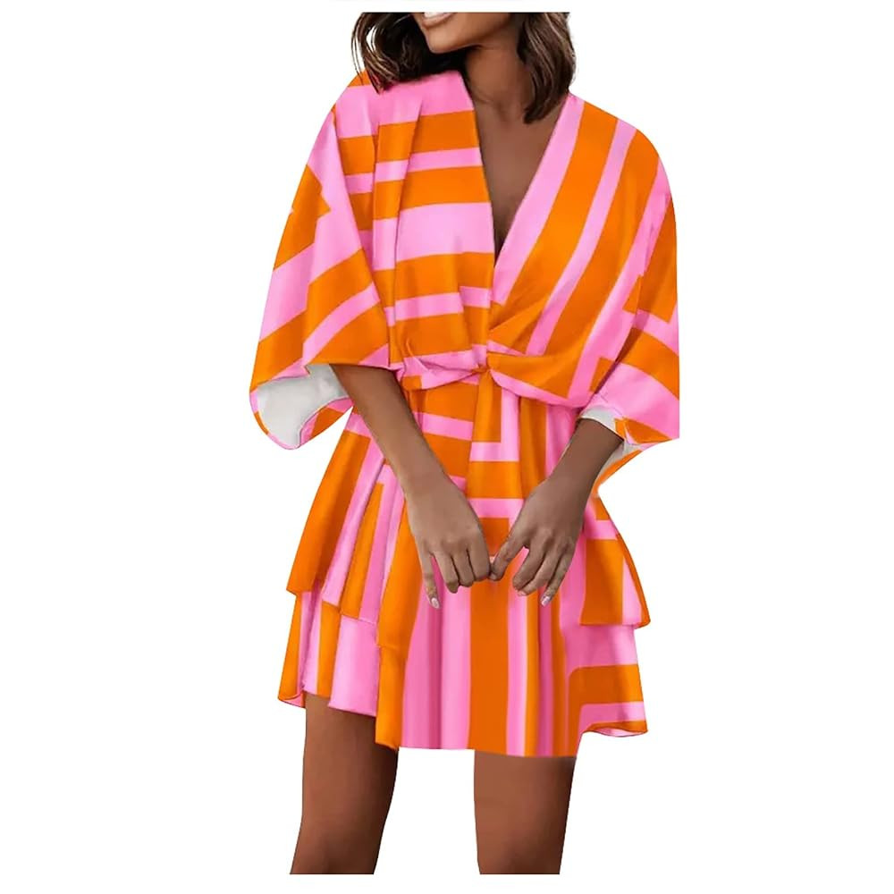 BAXLIMEK Beach Dresses for Women,2025 Elegant Deep V Neck Batwing Sleeve Mini Dress Flowy Ruched ... | Amazon (US)