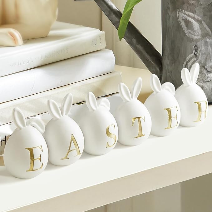 Easter Decorations Decor: 6pcs White Resin Easter Bunny Eggs Set Table Centerpiece, Cute Rabbit-E... | Amazon (US)
