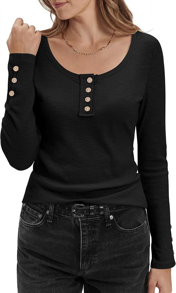 Stelle Women's Ribbed Knit Henley Long Sleeve Button Top Loose Fit | Amazon (US)