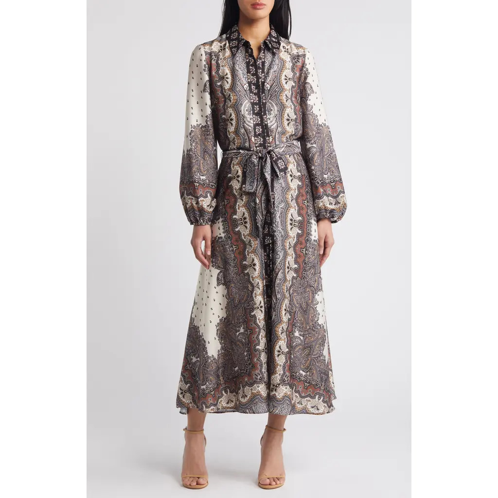 Julia Jordan Tie Belt Long Sleeve Midi Shirtdress in Black Multi at Nordstrom Rack, Size 8 | Nordstrom Rack
