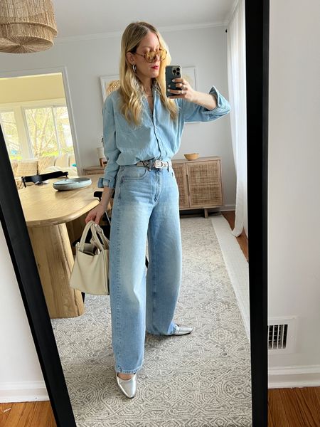 Denim, but make it fashion. 👖 

STYLE TIP: Denim on denim is the easiest way to look chic with minimal effort for spring. 

Shirt: Sezane (oversized)
Belt: Dehanche (LIZTEICH for 10% off their site)
Jeans: DL1961 (TTS)
Flats: 7or9 (so comfy!)
Bag: Songmont (large)
Earrings & sunnies: Machete

#LTKshoecrush #LTKstyletip #LTKover40