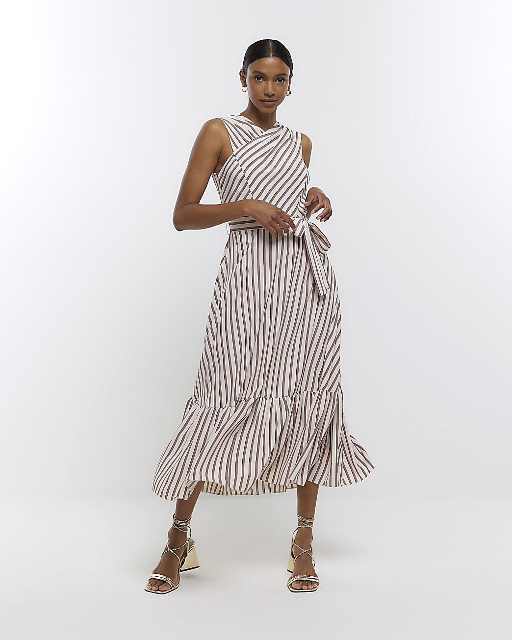 Brown striped belted bodycon midi dress | River Island (UK & IE)
