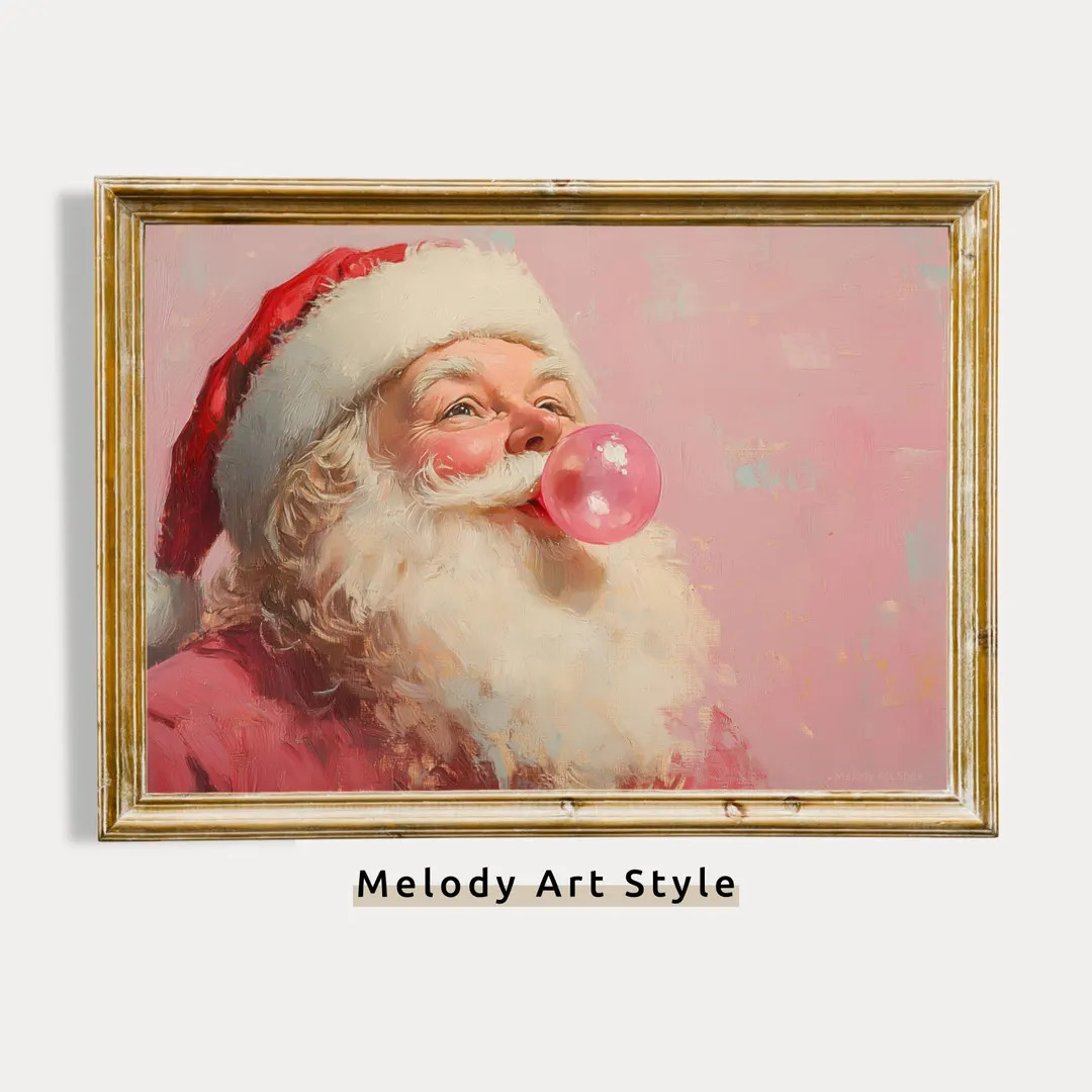 Pink Santa Printable Wall Art | Santa Claus Bubble Gum Oil Painting Fun Holiday Artwork Christmas... | Etsy (US)