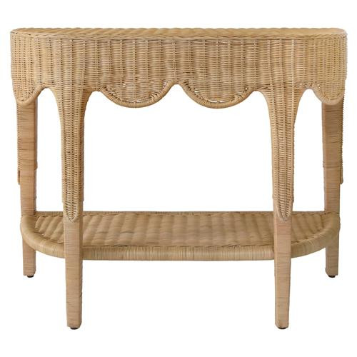 Worlds Away Paloma Natural Woven Scalloped Rattan Demilune Console Table | Kathy Kuo Home
