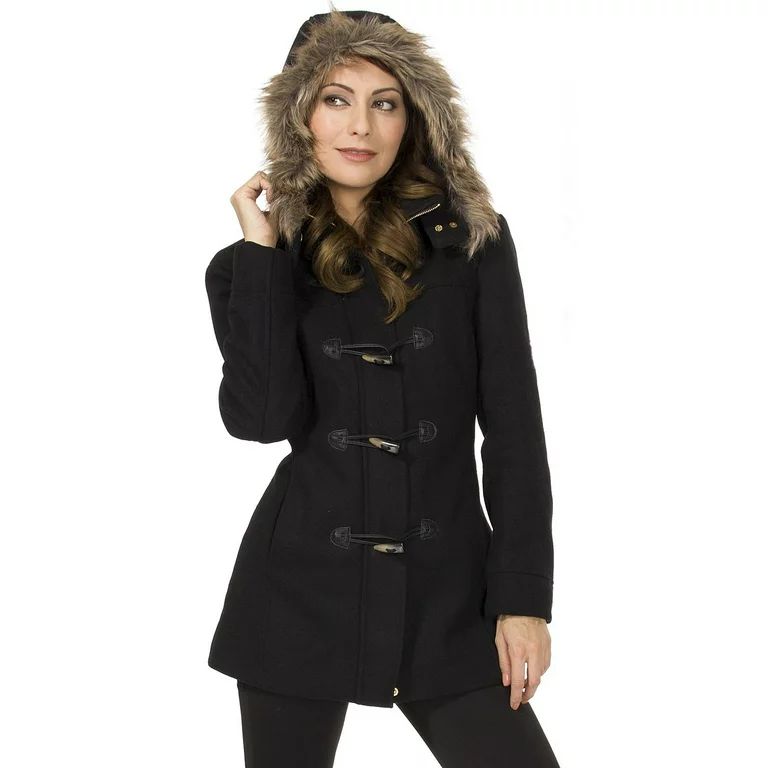 Womens Hooded Parka Coat Faux Fur Trim Toggle Button Wool Blazer Overcoat Jacket Black 2XL - Walm... | Walmart (US)