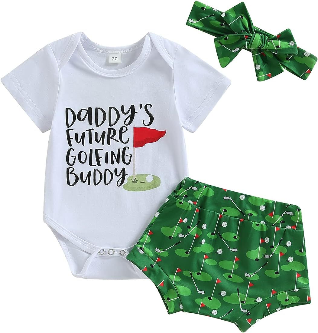 Newborn Baby Girl Golf Outfit Daddy's Future Golfing Buddy Romper Golf Shorts Headband 3Pcs Summe... | Amazon (US)