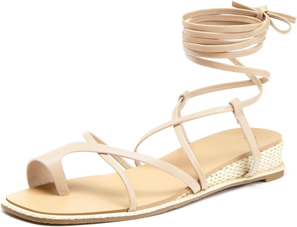 Coutgo Womens Gladiator Espadrille Low Wedges Sandals Lace Up Flat Thong Cross Strappy Summer Shoes | Amazon (US)