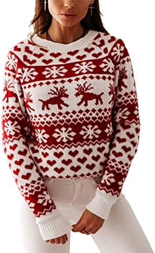 ZAFUL Women's Christmas Snowflake Reindeer Knitted Sweater Long Sleeve Crew Neck Heart Animal Pri... | Amazon (US)