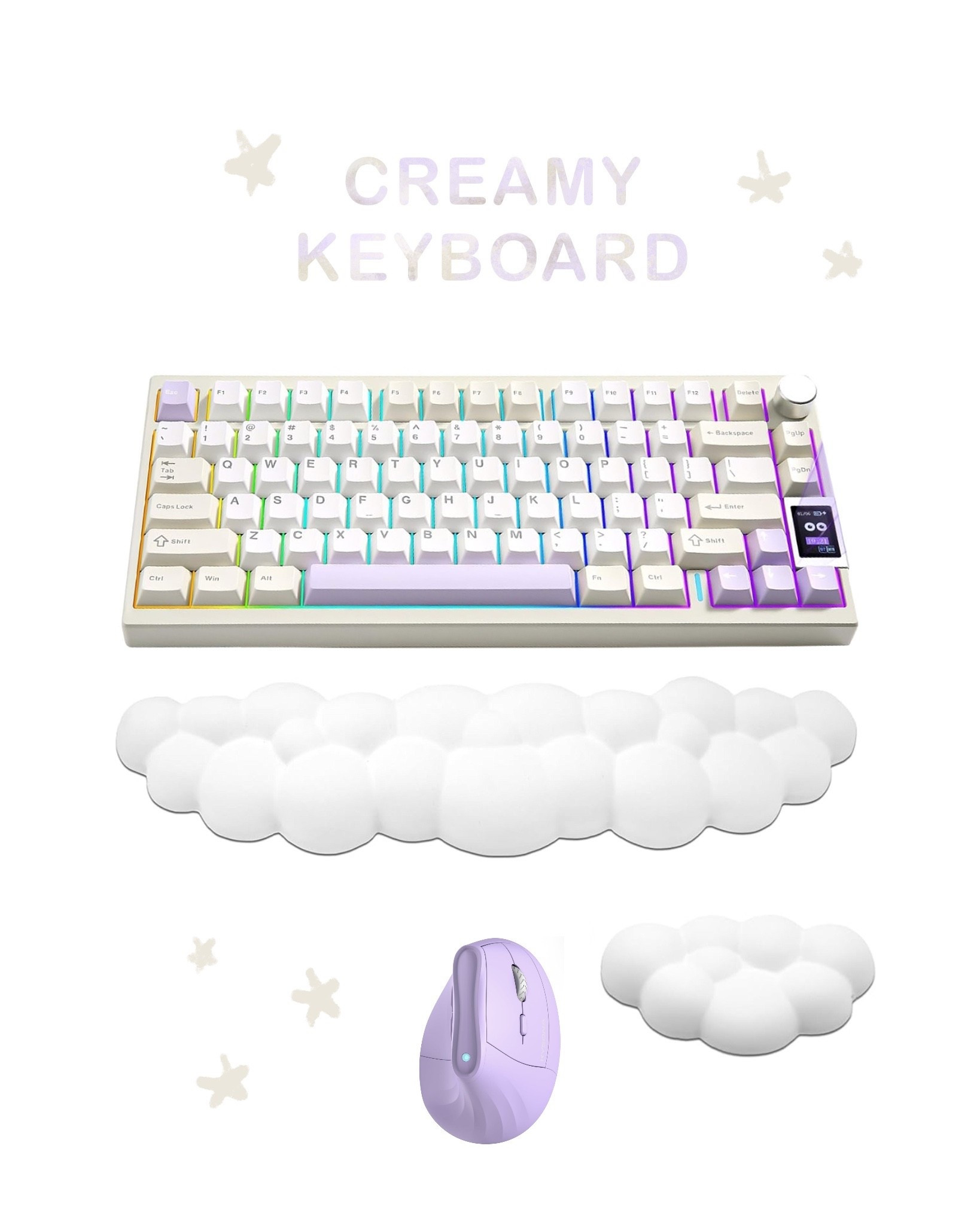 Creamy keyboard and office desk setup 💜☁️ cloud keyboard wrist rest ergonomic, vertical mouse, lavender, yunzii AL80 mechanical keyboard with cocoa cream V2 switch 

#LTKHome #LTKWorkwear #LTKFindsUnder100