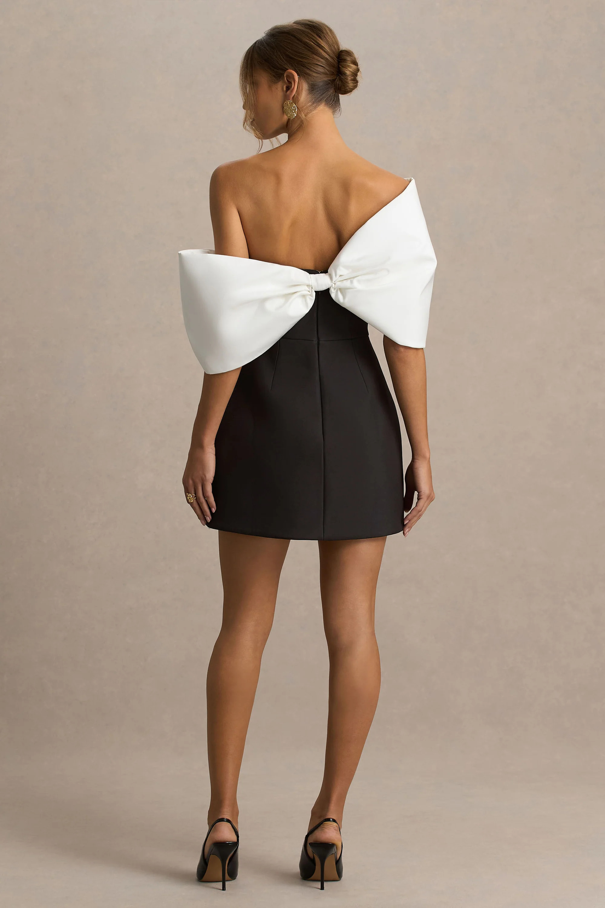 Tindra  Black And White Satin Bandeau-Neck Mini Dress With Bow Sleeves | Club L London