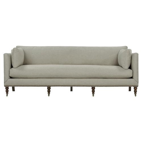 Madeline French Grey Upholstered Brown Wood Brass Casters Nailhead Sofa | Kathy Kuo Home