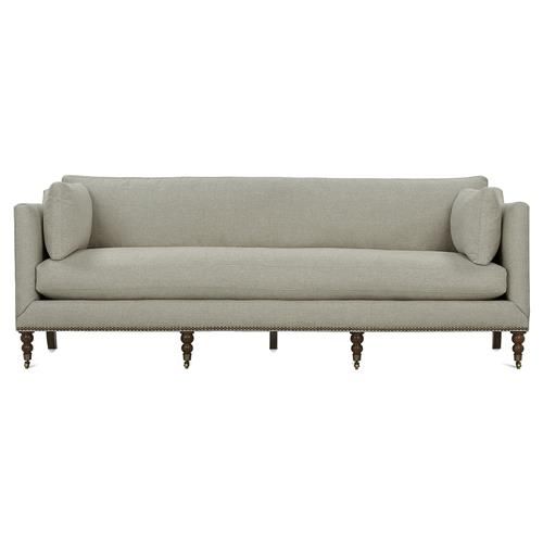 Madeline French Grey Upholstered Brown Wood Brass Casters Nailhead Sofa - 90"W | Kathy Kuo Home