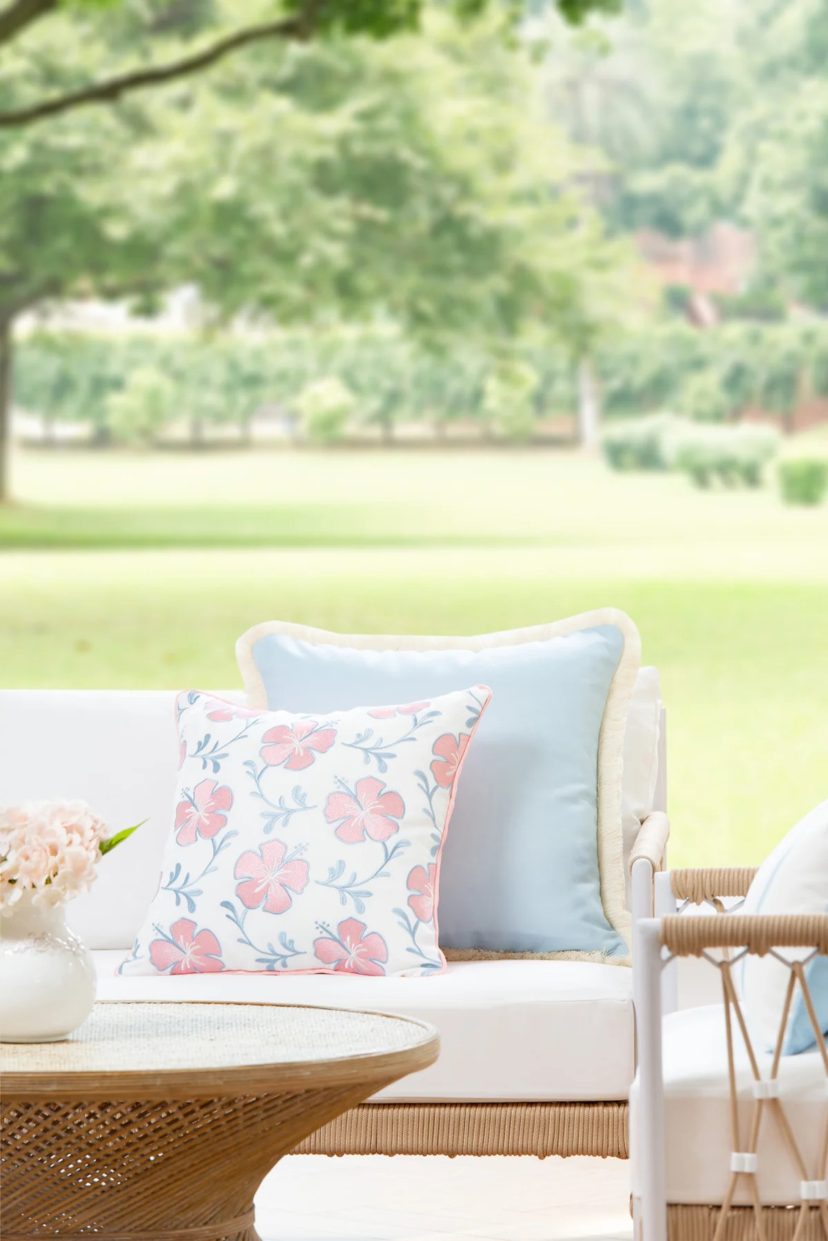 Coastal Indoor Outdoor Throw Pillow Cover, Embroidered Hibiscus Floral with Piping, Blush Pink Ba... | Hofdeco