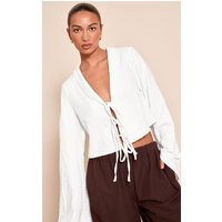 White Textured Lightweight Woven Tie Front Shirt | PrettyLittleThing US