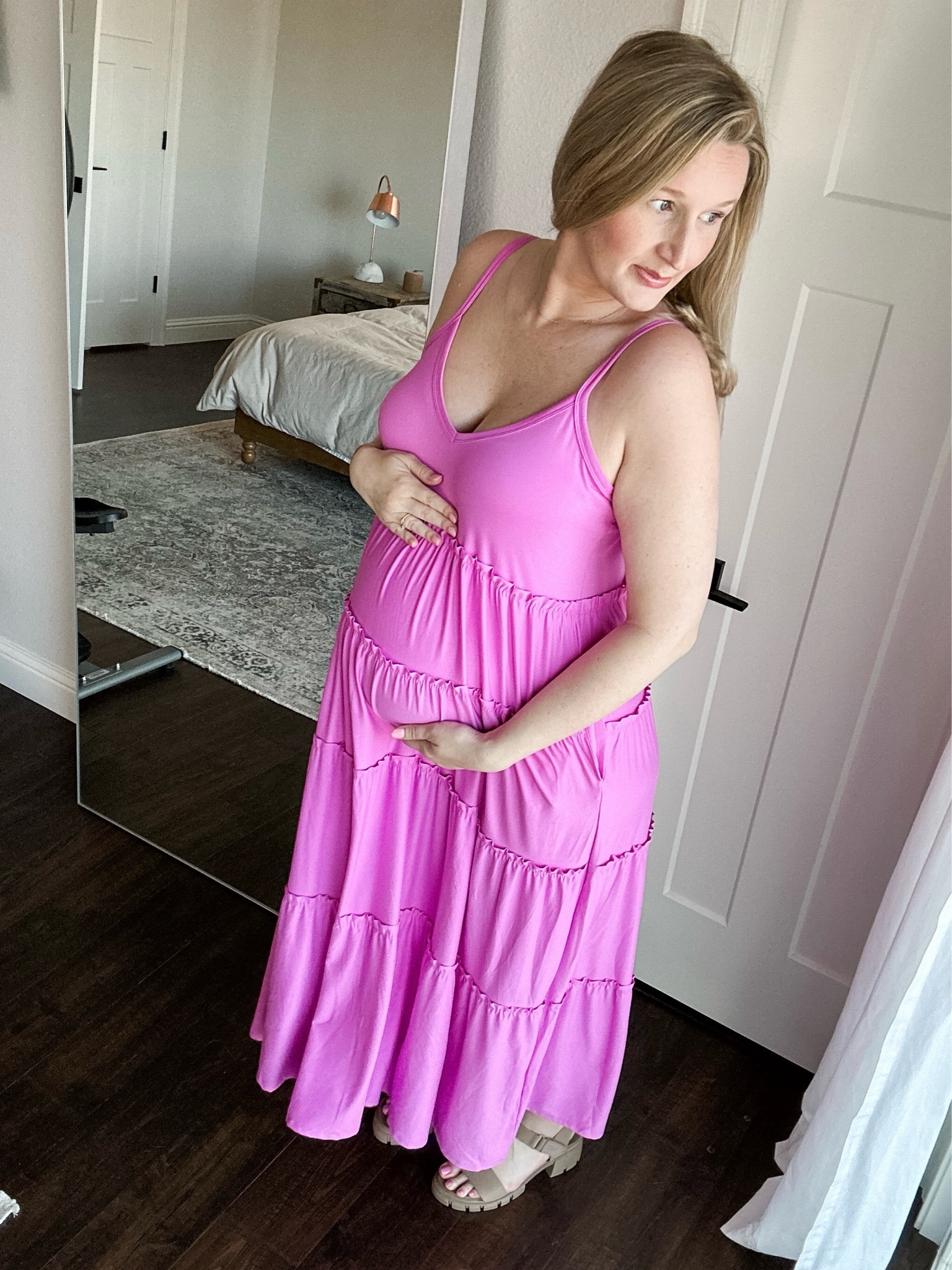 Such a cute babymoon or spring break maternity maxi dress!

Pink, bump friendly, tiered, summer

#LTKbump