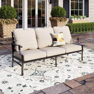 Black Metal Meshed Frame Outdoor Patio 3 Seat Sofa Couch with Beige Cushions | The Home Depot