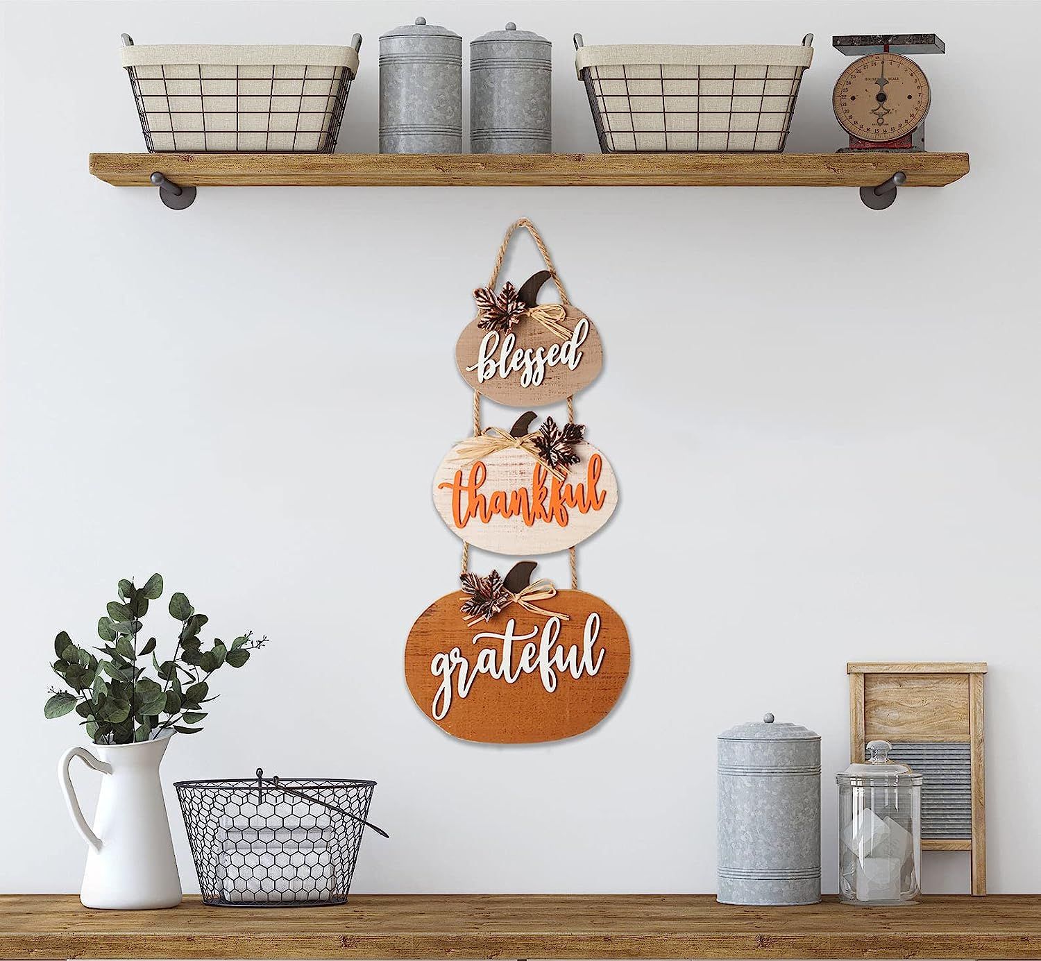 HOMirable Blessed Thankful Grateful Sign Farmhouse Thanksgiving Wall Décor Rustic Wooden Sign Vi... | Amazon (US)